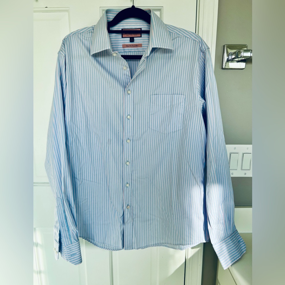 Thomas Pink Pink and Blue Stripe Slim Fit Traveler Button Down Shirt